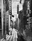 'The streets of a Chinese city differ greatly from those of Europe, and are always extremely narrow, except at Nankin and Peking. They are paved crosswise with slabs of stone, usually worn down by the traffic to a hollow in the centre of the path, and this disagreeable substitute for the gutters of European throughfares forms the only means by which the rain-water is carried off'.